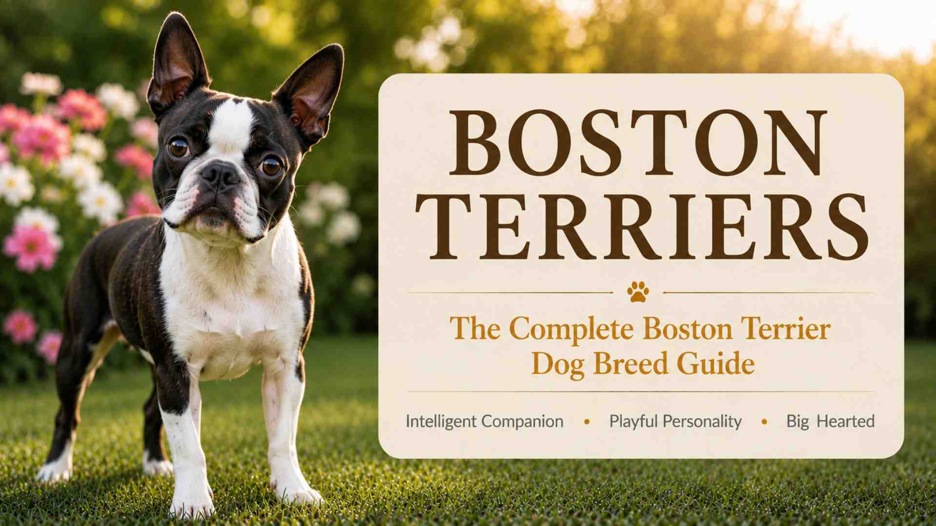 Boston Terrier dog standing beside a sign that reads boston terriers, the complete dog breed guide