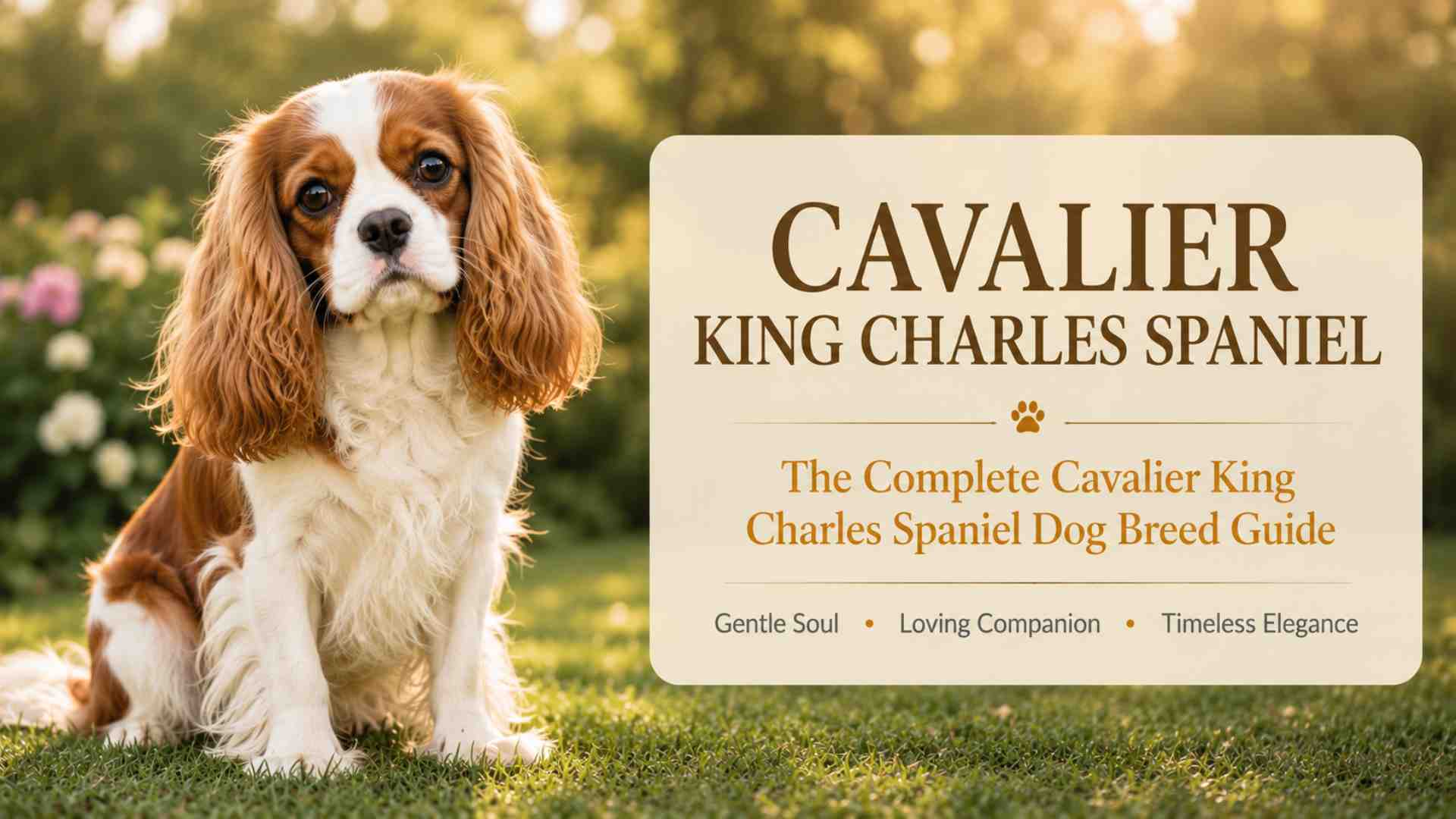 Cavalier dog standing beside a sign that reads cavalier king charles spaniels, the complete cavalier king charles spaniel dog breed guide