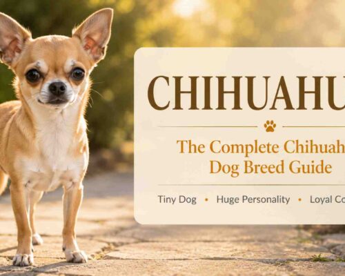 Chihuahua dog standing beside a sign that reads chihuahuas, the complete chihuahua dog breed guide