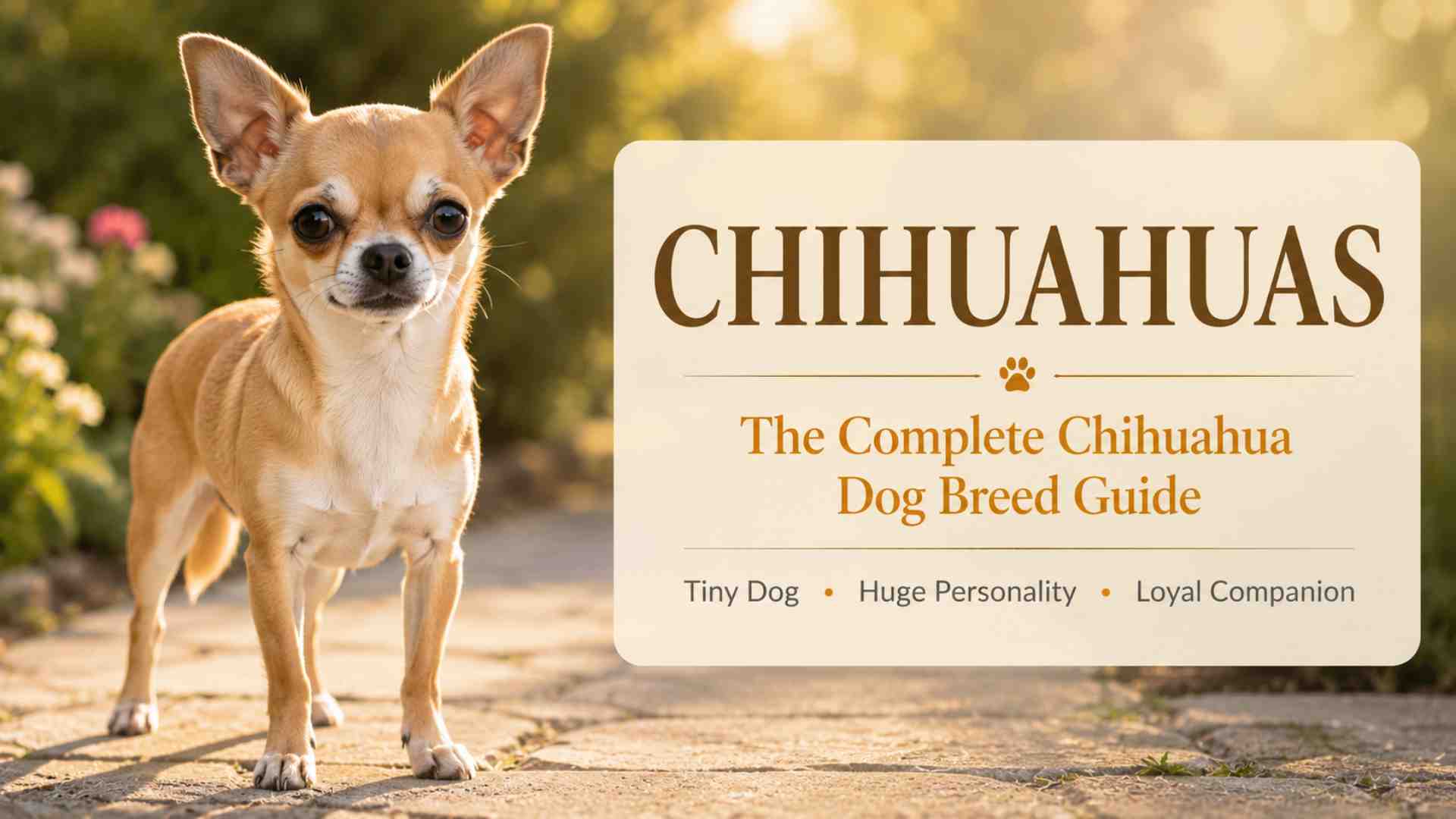 Chihuahua dog standing beside a sign that reads chihuahuas, the complete chihuahua dog breed guide