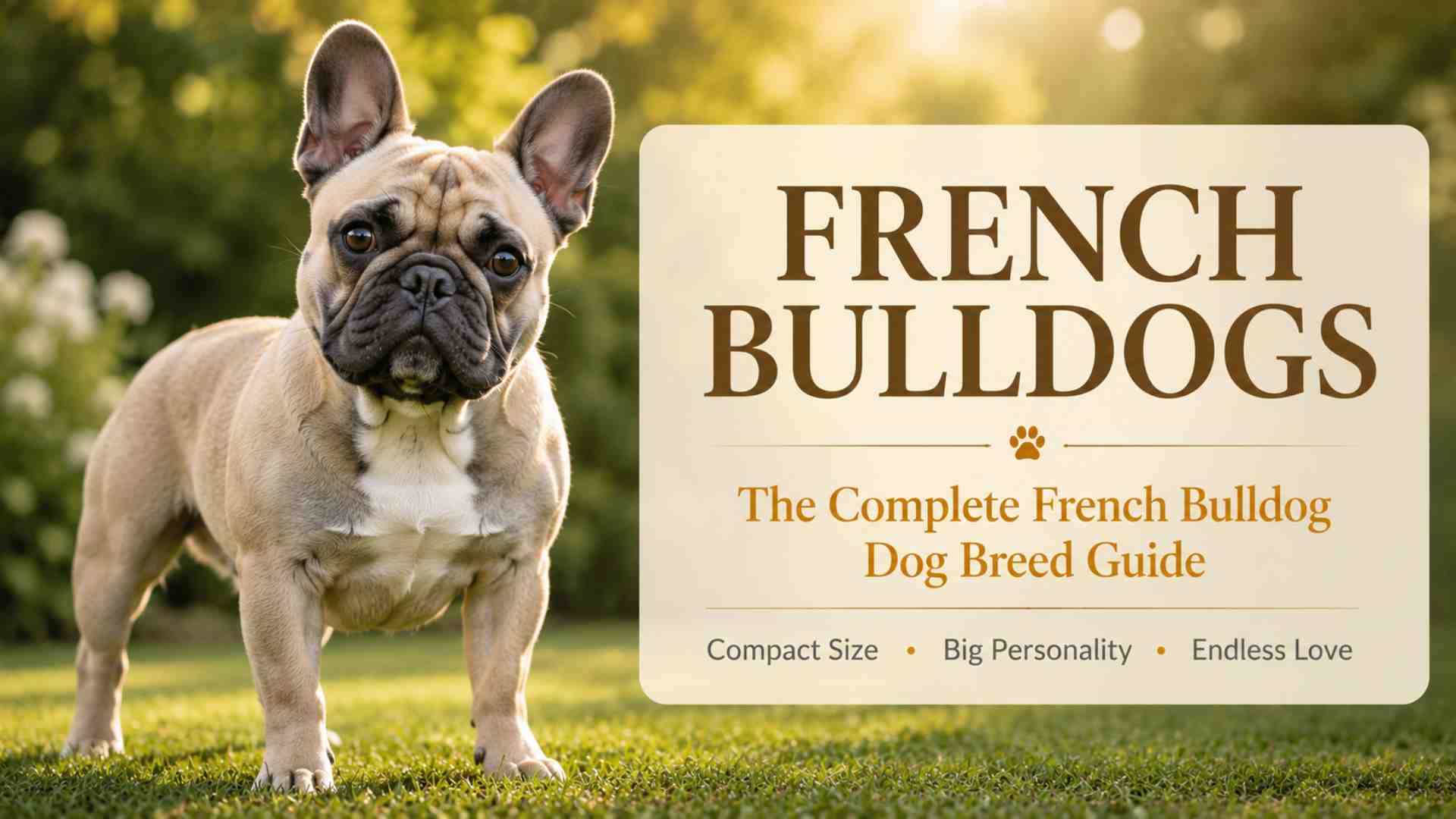 French Bulldog dog standing beside a sign that reads french bulldogs, the complete dog breed guide