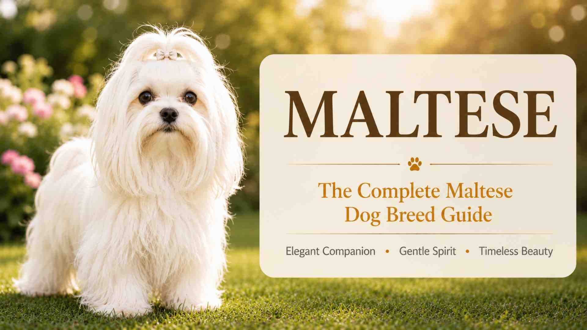 Maltese dog standing beside a sign that reads maltese dogs, the complete maltese dog breed guide