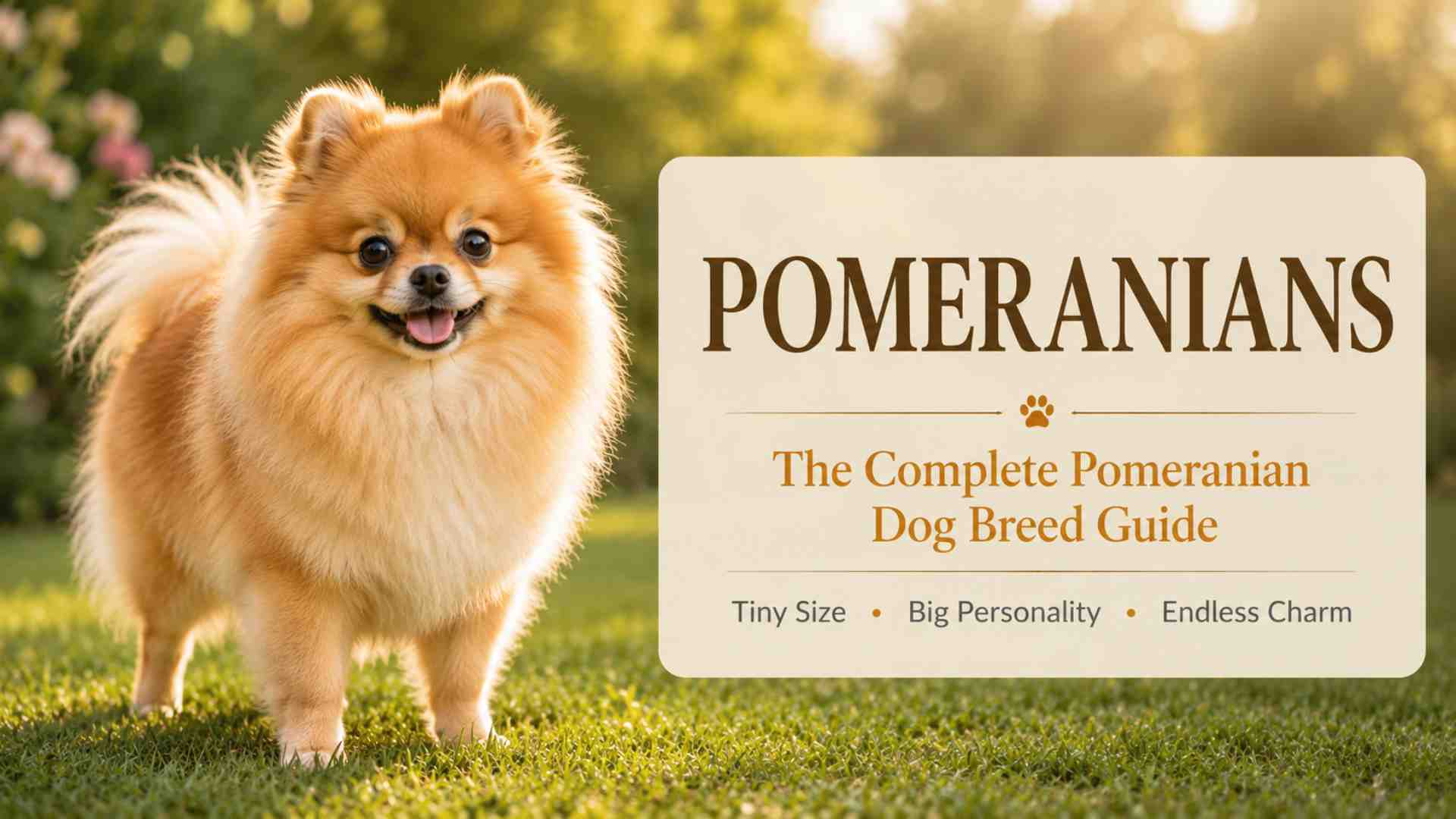 Pomeranian dog standing beside a sign that reads pomeranians, the complete dog breed guide