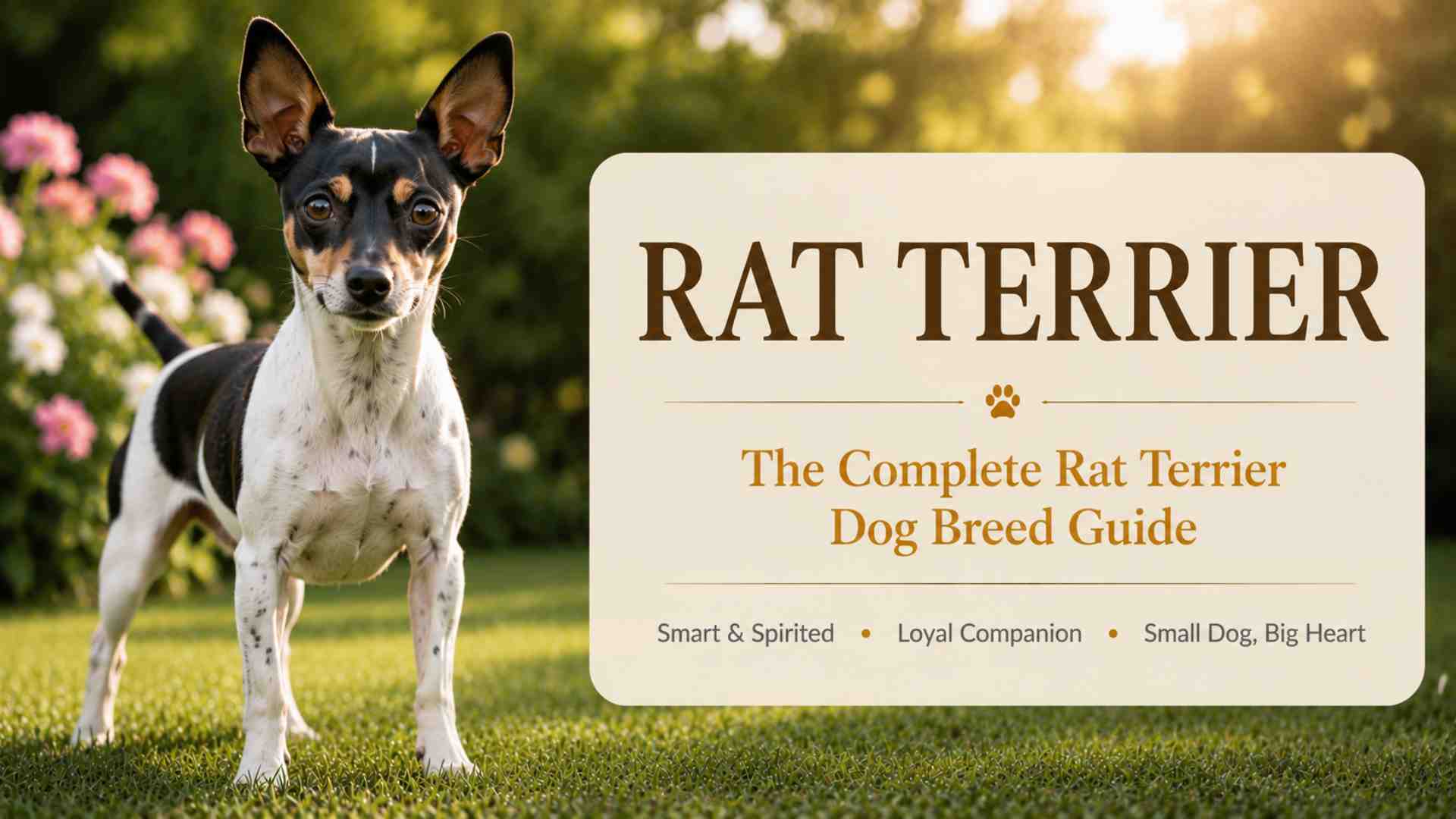 Rat terrier dog standing beside a sign that reads rat terriers, the complete dog breed guide