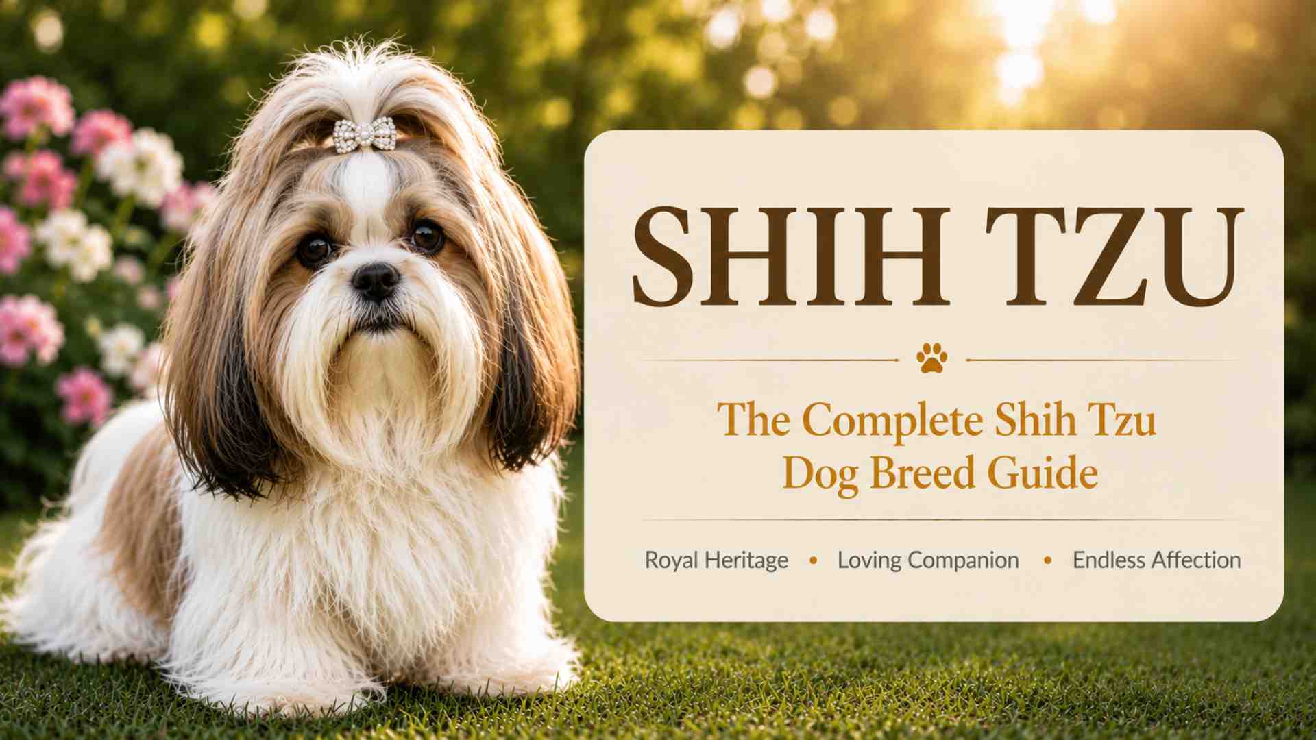 Shih tzu dog standing beside a sign that reads shih tzus, the complete dog breed guide