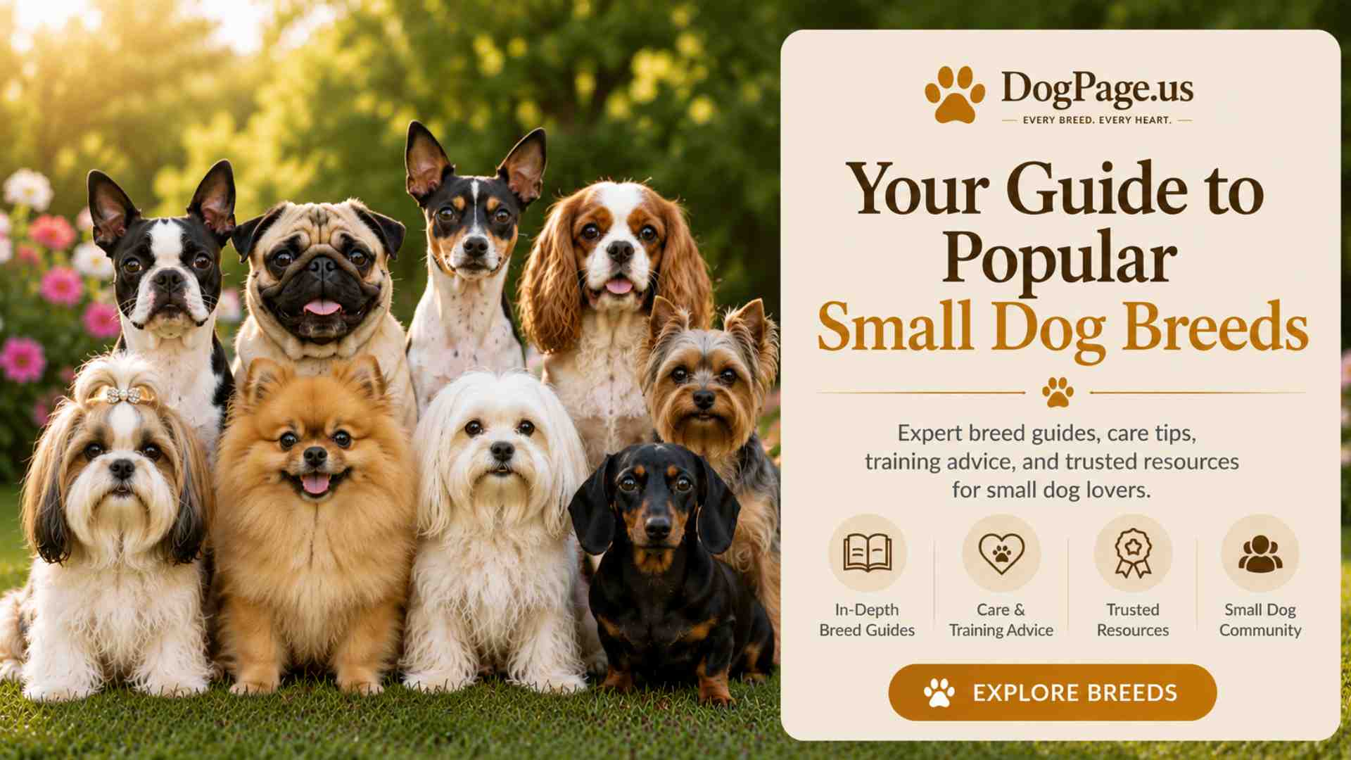 Small dogs beside a sign that says your guide to popular small dog breeds