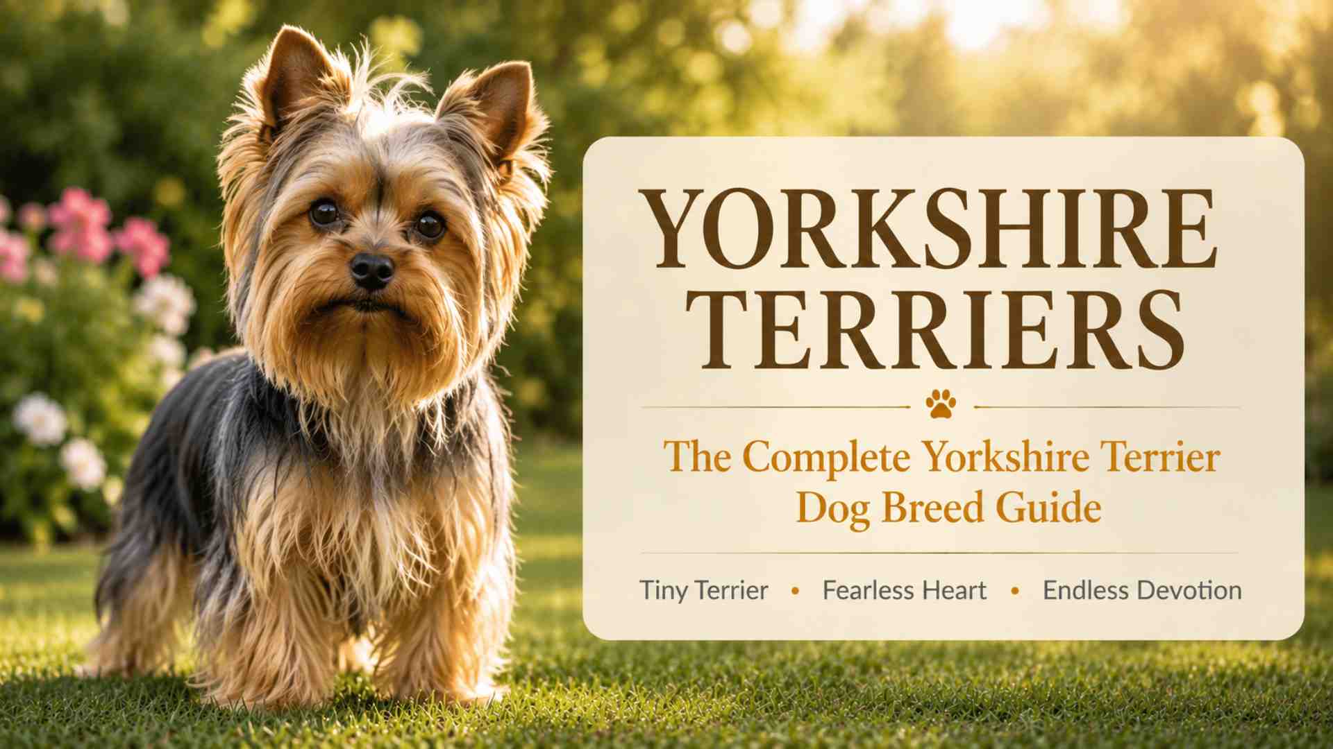 Yorkshire terrier dog standing beside a sign that reads yorkshire terriers, the complete yorkie dog breed guide